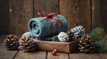 Cozy Knit Blanket with Pine Cones on Wooden Table Gift photo