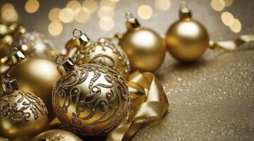 Golden Christmas Ornaments with Ribbon and Bokeh Lights Background Festive photo