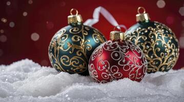Elegant Christmas Ornaments Resting on Snow Against Festive Red Background photo