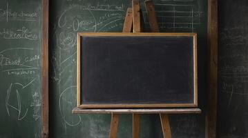 Empty Blackboard on Easel with Chalkboard Background for Learning Concepts photo