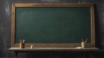 Old Chalkboard with Chalk and Pencils in Classroom Ready for Learning photo