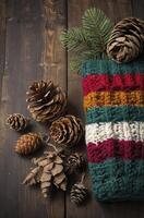 Pine Cones and Knitted Stocking on Rustic Wooden Background photo