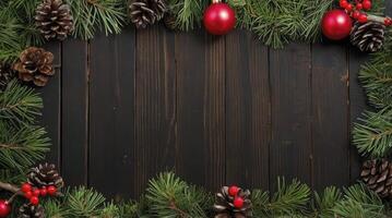 Christmas Decoration with Pine Cones and Ornaments on Wood Texture photo
