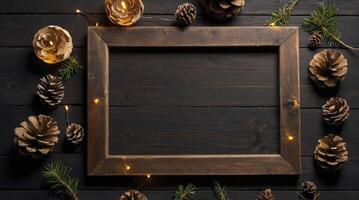 Christmas Frame Mockup with Pine Cones and Lights on Wood photo