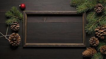 Creating Festive Holiday Decoration Scene with Frame, Pine Cones, and Greens photo