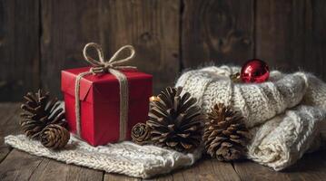 Red Gift Box with Pine Cones and Knitted Scarf Decoration photo