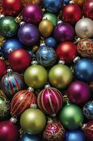 Colorful Christmas Ornaments Background Decorative Holiday Arrangement Close Up photo