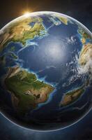 Earth Globe Showing Continents and Oceans with the Sun Shining Above photo