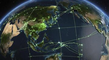 Global Network Communication Lines Spreading Around the Earth From Space View photo