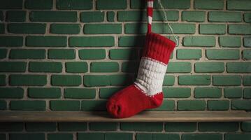 Hanging Christmas Stocking Decoration on a Shelf with Green Brick Background photo