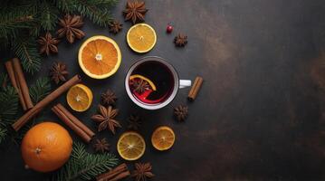 Warming Mulled Wine with Spices and Citrus on Rustic Surface photo