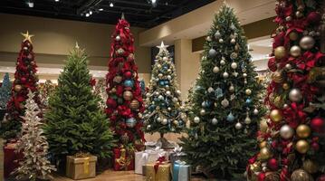 Decorated Christmas Trees Display with Gifts in Indoor Retail Setting photo