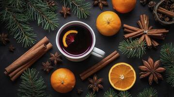 Warming Mulled Wine with Orange and Spices for Winter Holidays photo