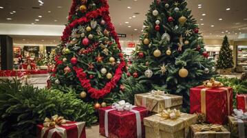 Decorated Christmas Trees with Wrapped Gifts in Shopping Mall Setting photo
