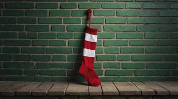 Hanging Christmas Stocking on Green Brick Wall with Wooden Shelf photo