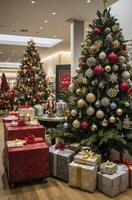 Decorated Christmas Trees and Presents at Department Store for Holiday Shopping photo