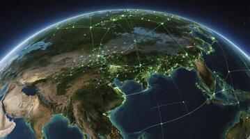 Earth From Space Showing Asia Illuminated with Glowing Network Connections photo