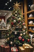 Decorated Christmas Tree with Star and Gifts in Festive Store photo