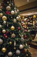 Decorated Christmas Tree with Ornament Variety in Retail Store Setting photo