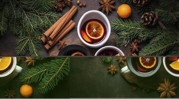 Enjoying Festive Mulled Wine with Spices and Evergreen Branches photo