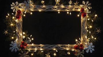 Christmas Decorated Frame with Lights, Snowflakes and Red Ornaments photo