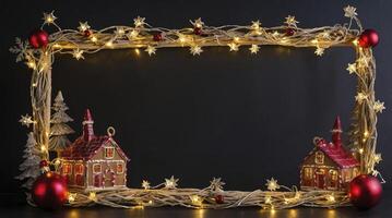 Christmas Frame with Lights and Gingerbread House for Festive Greetings photo