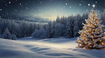 Snowy Winter Forest with Decorated Christmas Tree and Falling Snow photo