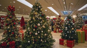 Christmas Trees Display in Shopping Mall with Gifts and Decorations photo