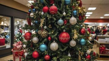 Decorated Christmas Tree in Store with Ornaments and Wrapped Presents photo