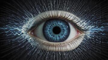 Close-up of Striking Blue Human Eye with Abstract Cracked Background photo