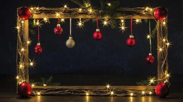 Christmas Ornament Frame with Twinkle Lights and Holiday Decorations photo
