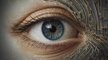 Close-up Human Eye with Unique Artistic Skin Texture and Intense Gaze photo