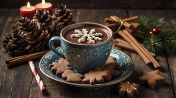 Enjoying Hot Chocolate with Snowflake Marshmallow and Gingerbread Cookies for Christmas photo