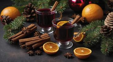Serving Hot Mulled Wine with Cinnamon Sticks and Orange Slices for Winter photo