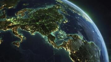 Earth Planet Showing Global Communication Network with City Lights at Night photo