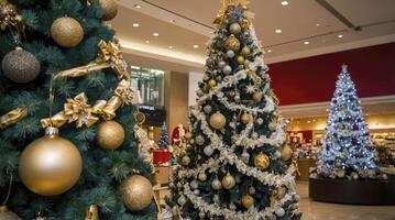 Decorated Christmas Trees in Mall with Gold and White Ornaments photo