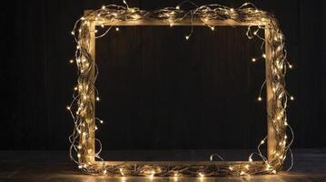 Illuminated Wooden Frame Adorned with Fairy Lights on Dark Background photo