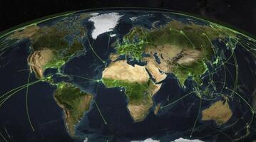 Earth Network Connections World Map with Green Lines and Night Sky photo
