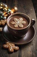 Enjoying Festive Hot Chocolate with Gingerbread Cookie and Christmas Decorations photo