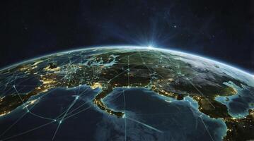 Global Network Connections Visualized on Earth From Space with City Lights photo
