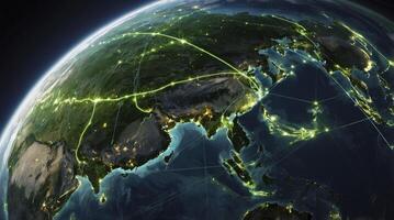 Earth View From Space with Asia Network Connections Green Glow photo