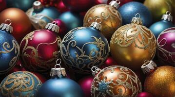 Assorted Christmas Ornaments with Intricate Gold Designs for Holiday Decorations photo
