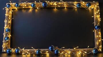 Christmas Frame Decorated with Blue Ornaments and Glowing String Lights photo