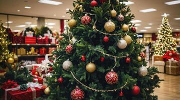 Decorated Christmas Tree in Store with Gifts and Festive Atmosphere photo