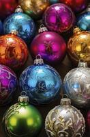 Ornament Collection Close-up View with Reflective Surface for Holiday Decor photo