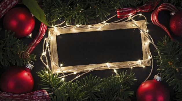 Festive Christmas Frame with Lights and Ornaments on Dark Background photo