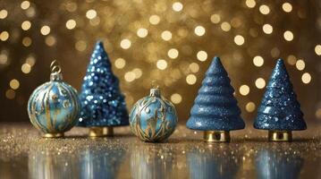 Christmas Trees and Ornaments with Glittering Gold Background for Festive Season photo