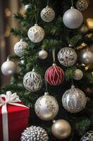 Decorated Christmas Tree with Silver and Red Ornaments with Gift photo