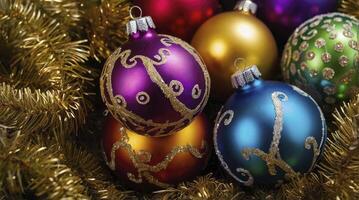 Colorful Christmas Ornaments with Golden Garland for Festive Holiday Decor photo