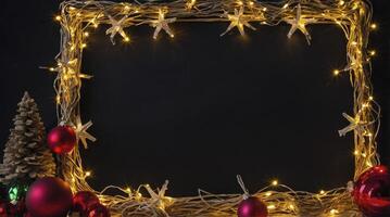 Festive Christmas Decoration Frame with Lights and Ornaments on Black Background photo